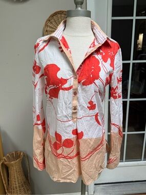 Robert Graham Red Floral Colorblock Placket Long Sleeve Tunic Blouse Size S ✨